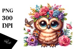 Goofy Baby Owl with Floral Wreath, Colorful PNG Product Image 3