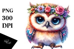 Goofy Baby Owl with Floral Wreath, Colorful PNG Product Image 3