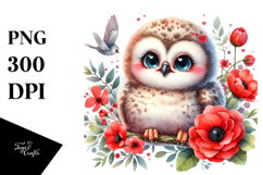 Cute Baby Owl with Red Flowers | Sublimation | Clipart Product Image 1