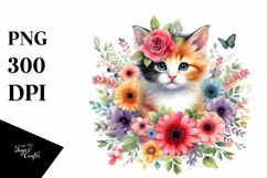 Colorful Kitten Floral Watercolor | Sublimation | Clipart Product Image 1