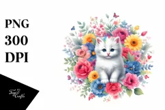 Colorful Kitten Floral Watercolor | Sublimation | Clipart Product Image 1