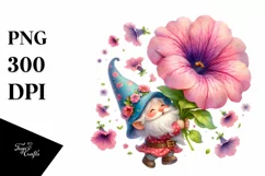 Watercolor Cute Gnome with Petunia PNG Product Image 1