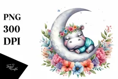 Baby Hippo Sleeping on the Moon Boho Floral Clipart Product Image 4