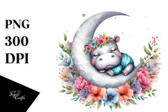 Baby Hippo Sleeping on the Moon Boho Floral Clipart Product Image 1