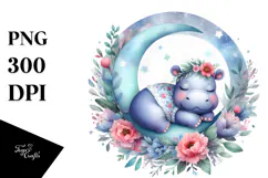 Baby Hippo Sleeping on the Moon Boho Floral Clipart Product Image 1