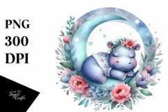 Baby Hippo Sleeping on the Moon Boho Floral Clipart Product Image 4