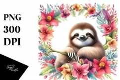 Vibrant Baby Sloth Floral Frame | Sublimation Clipart Product Image 1