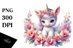 Cute Baby Unicorn Orchid Frame Watercolor Clipart Product Image 1