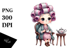 Watercolor Old Lady Chair Tea Cup Hair Curlers Clipart Product Image 1