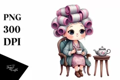 Watercolor Old Lady Chair Tea Cup Hair Curlers Clipart Product Image 3