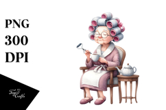 Watercolor Old Lady Chair Tea Cup Hair Curlers Clipart Product Image 1