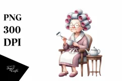 Watercolor Old Lady Chair Tea Cup Hair Curlers Clipart Product Image 1