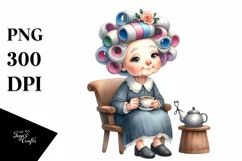 Watercolor Old Lady Chair Tea Cup Hair Curlers Clipart Product Image 1