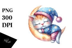 Baby Kitten Sleeping on the Moon Watercolor Clipart Product Image 1