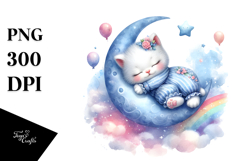 Baby Kitten Sleeping on the Moon Watercolor Clipart Product Image 1