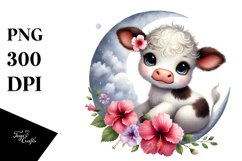 Smiling Baby Highland Cow with Hibiscus PNG Product Image 1