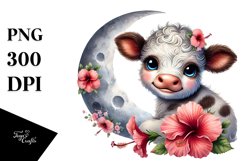 Cute Baby Highland Cow with Hibiscus Floral Ornament PNG Product Image 1