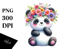 Panda Sitting Flower Crown Watercolor Clipart Product Image 1