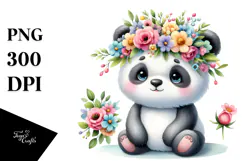 Panda Sitting Flower Crown Watercolor Clipart Product Image 1