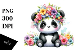 Panda Sitting Flower Crown Watercolor Clipart Product Image 1