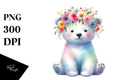Polar Bear Sitting Flower Crown Watercolor Clipart Product Image 1