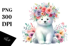 Polar Bear Sitting Flower Crown Watercolor Clipart Product Image 1