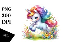 Colorful Baby Unicorn in Meadow, PNG Product Image 1