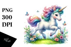 Watercolor Baby Unicorn Skipping Meadow PNG Product Image 1