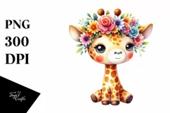 Colorful Giraffe with Flower Crown, Cute PNG Product Image 3