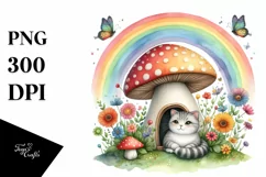Colorful CAT House Mushroom Rainbow Bird Butterfly Clipart Product Image 3