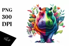 Vibrant Hippo with Flowers PNG Product Image 1