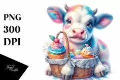 Colorful Baby Cow with Cupcakes, PNG Product Image 1