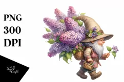 Detailed Gnome Lilac Bouquet Watercolor Product Image 1