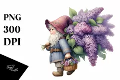 Detailed Gnome Lilac Bouquet Watercolor Product Image 1