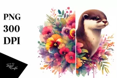 Watercolor Otter Flowers| Sublimation | Clipart Product Image 1