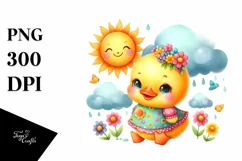 Cute Duckling Sun Rain Flower, Clipart |T-shirt, Mug PNG Product Image 1