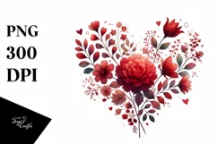Red Floral Heart, Watercolor PNG Product Image 1