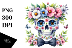 Watercolor Cute Skull with Spring Flowers, PNG Product Image 1