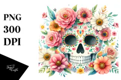 Watercolor Cute Skull with Spring Flowers, PNG Product Image 1