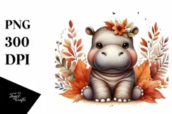 Baby Hippo Sitting in Autumn Leaves | Clipart Product Image 3