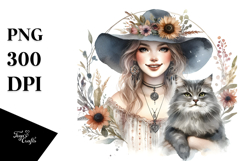 Boho Smiling Witch with Cat and Potion, Transparent PNG Product Image 1