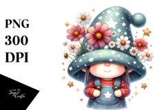 Watercolor Gnome with Large Lilac Floral, PNG Product Image 1