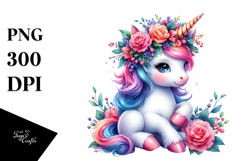 Watercolor Unicorn with Floral Wreath PNG Product Image 1