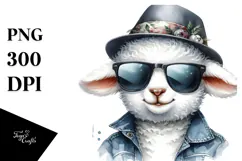 Watercolor Lamb with Hat and Sunglasses PNG Product Image 1