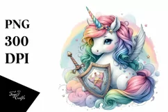 colorful baby unicorn with Shield and Sword, Sublimation PNG Product Image 1