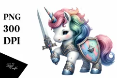 colorful baby unicorn with Shield and Sword, Sublimation PNG Product Image 1