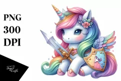 colorful baby unicorn with Shield and Sword, Sublimation PNG Product Image 1