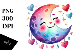 Smiling Moon with Hearts in Watercolor PNG Product Image 1