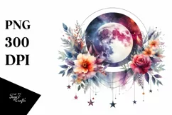 Abstract Moon with Flowers and Stars | Clipart Product Image 1