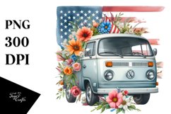 Watercolor Van with Flowers and USA Flag | Sublimation | Product Image 1